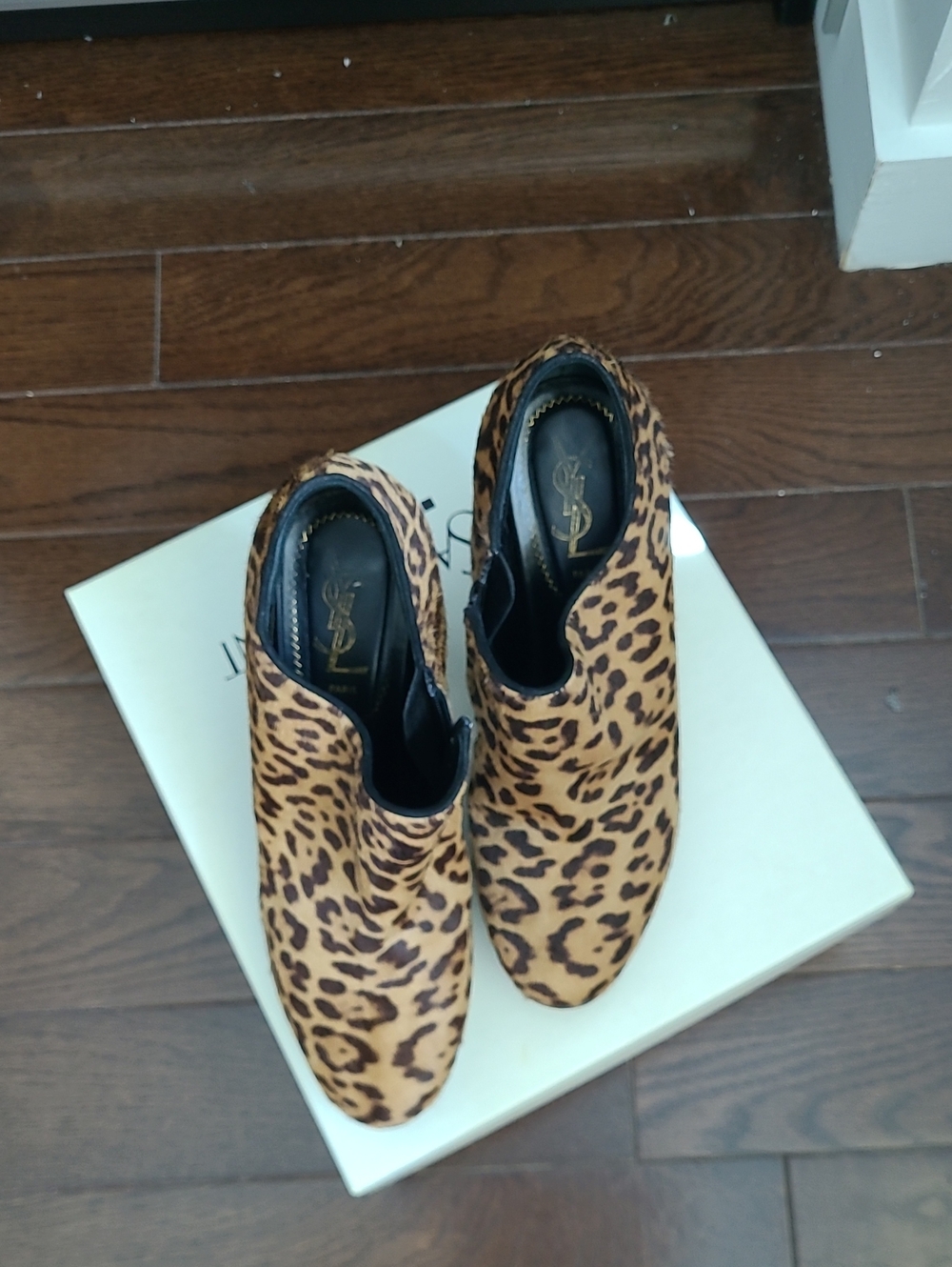 Yves Saint Laurent Leopard-Print Platform Booties in Tan and Black